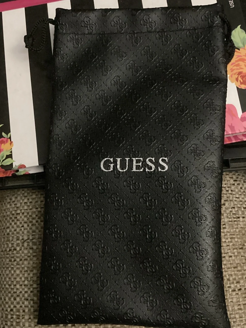 GUESS Black Embossed Drawstring Phone Pouch
